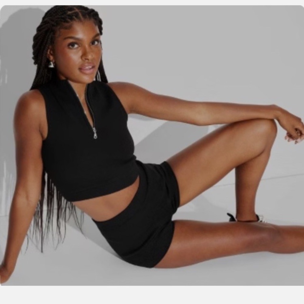 Black Soft Lounge Knit Half Zip-Up Crop Top and Shorts Set XS Anthropologie